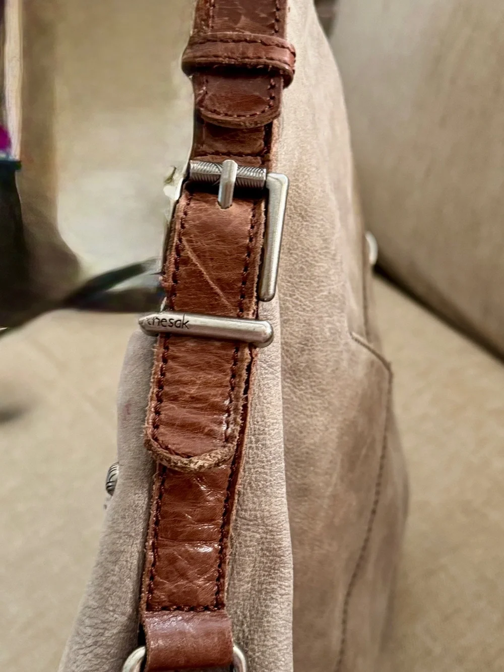 The Sak Neutral Beige Crossbody Bag with Brown Leather Strap